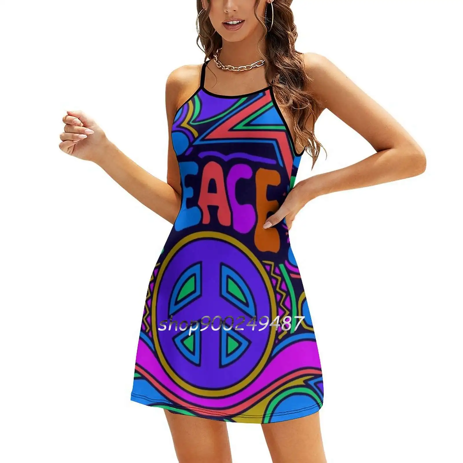 Peace And Love Flowers And Stars Hippie Design Square Neck Dress Cute Loose Print Dresses Elegant Beach Party Dress Hippie