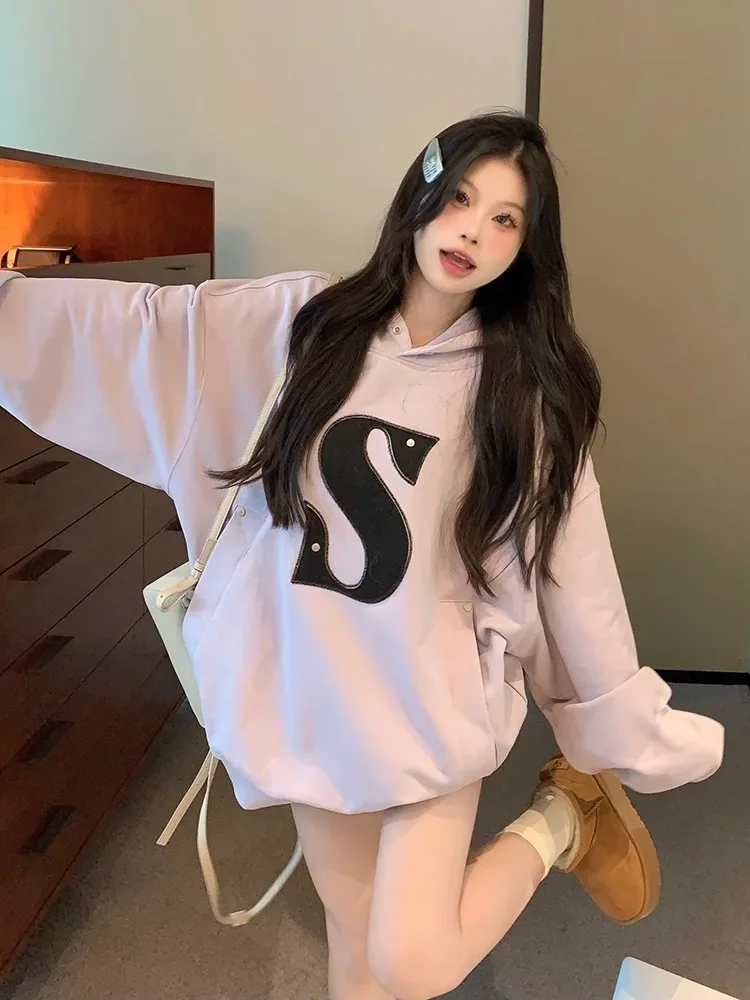 Laid-ba Koreaanse Amerikaanse Sle Dameshoodie Casual Faionable Lente Herfst Losse Top Comfortabel Lang Sve Crew Ne S...