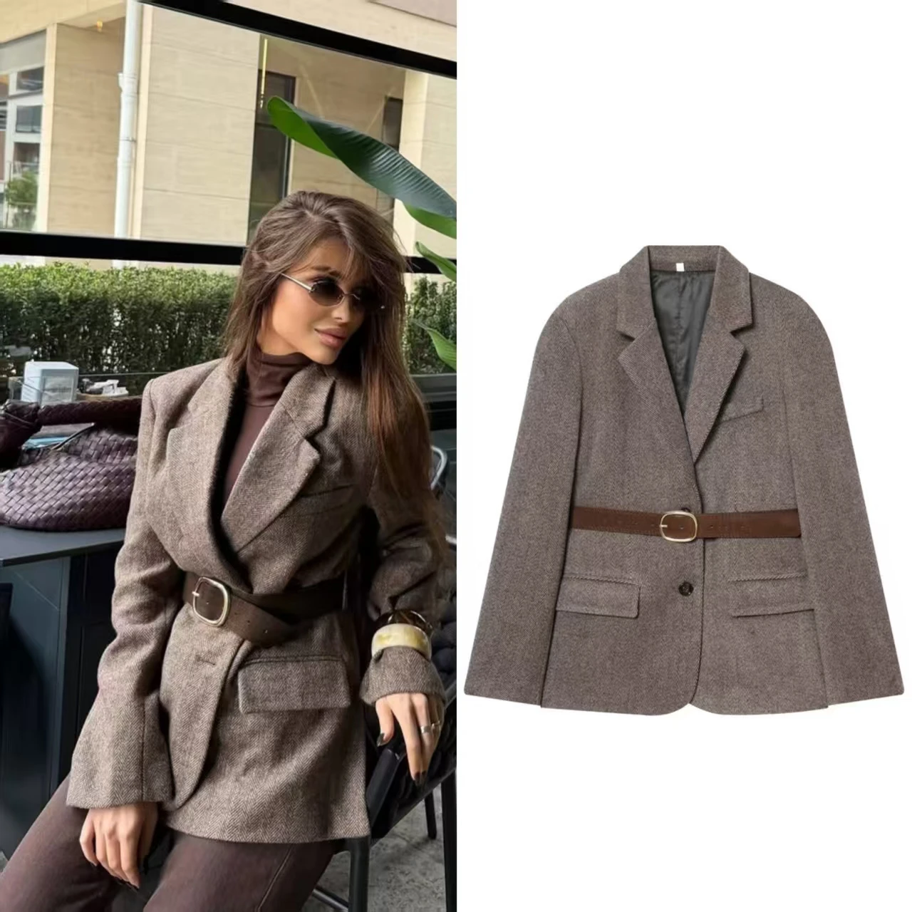

Women's Coat 2025 Winter New Style Long-Sleeve Blazer with Belt Herringbone Loose Fit Casual Fashion Workwear