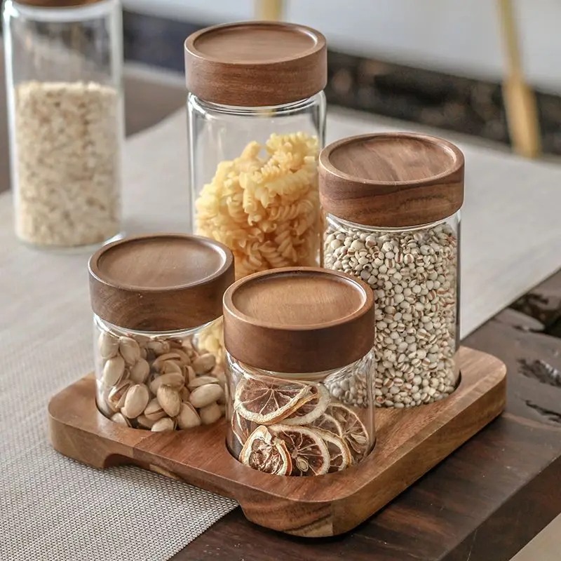 

Acacia Wood Glass Storage Tank Set Multi-Grain Tea Sealed Tank Japanese Glass Tank Solid Wood Partition Storage Set Organization