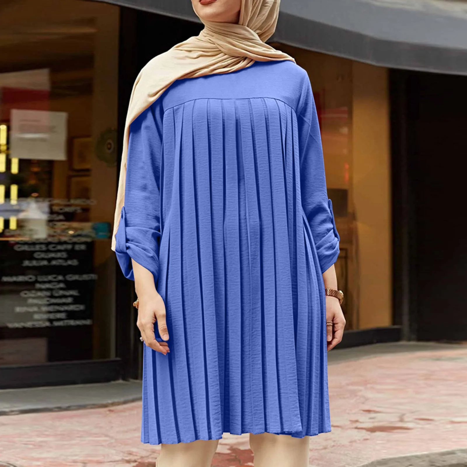 Muslim Pleated Blouse For Girl Women Hot Tops Adjustable Sleeve Blue Green Black Shirt Islamic Wear Summer O-neck Streetwear