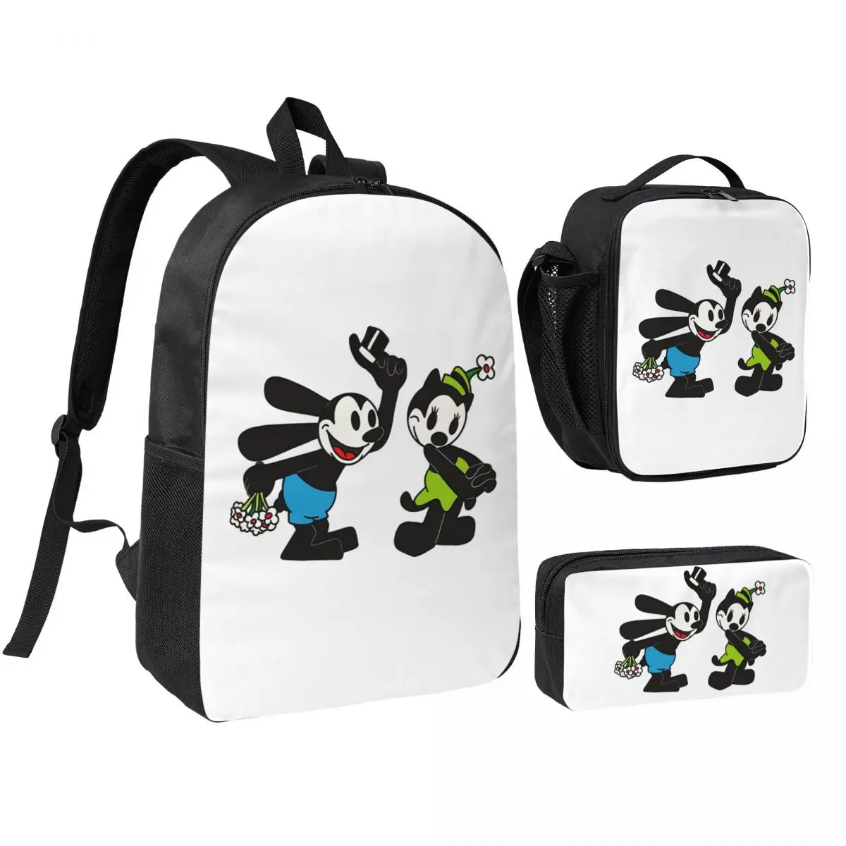 

Funny Love Oswald And Ortensia Backpack Boys Girls BookBag School Bag Shoulder Bags 3ps Insulated Lunch Bag Pencil Case