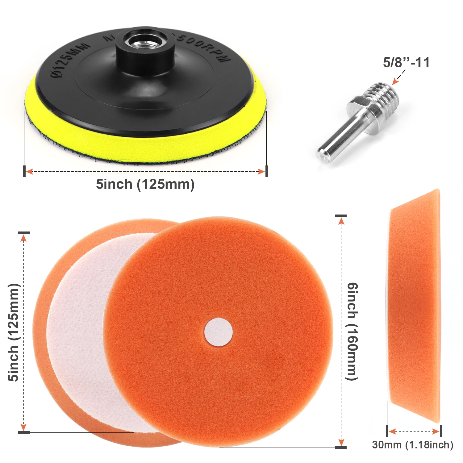 Car Polishing Sponge Pads Kit with 5 Inch Hook & Loop Backing Plate M14 Drill Adapter Buffing Foam Pad Set for DA RO Polisher