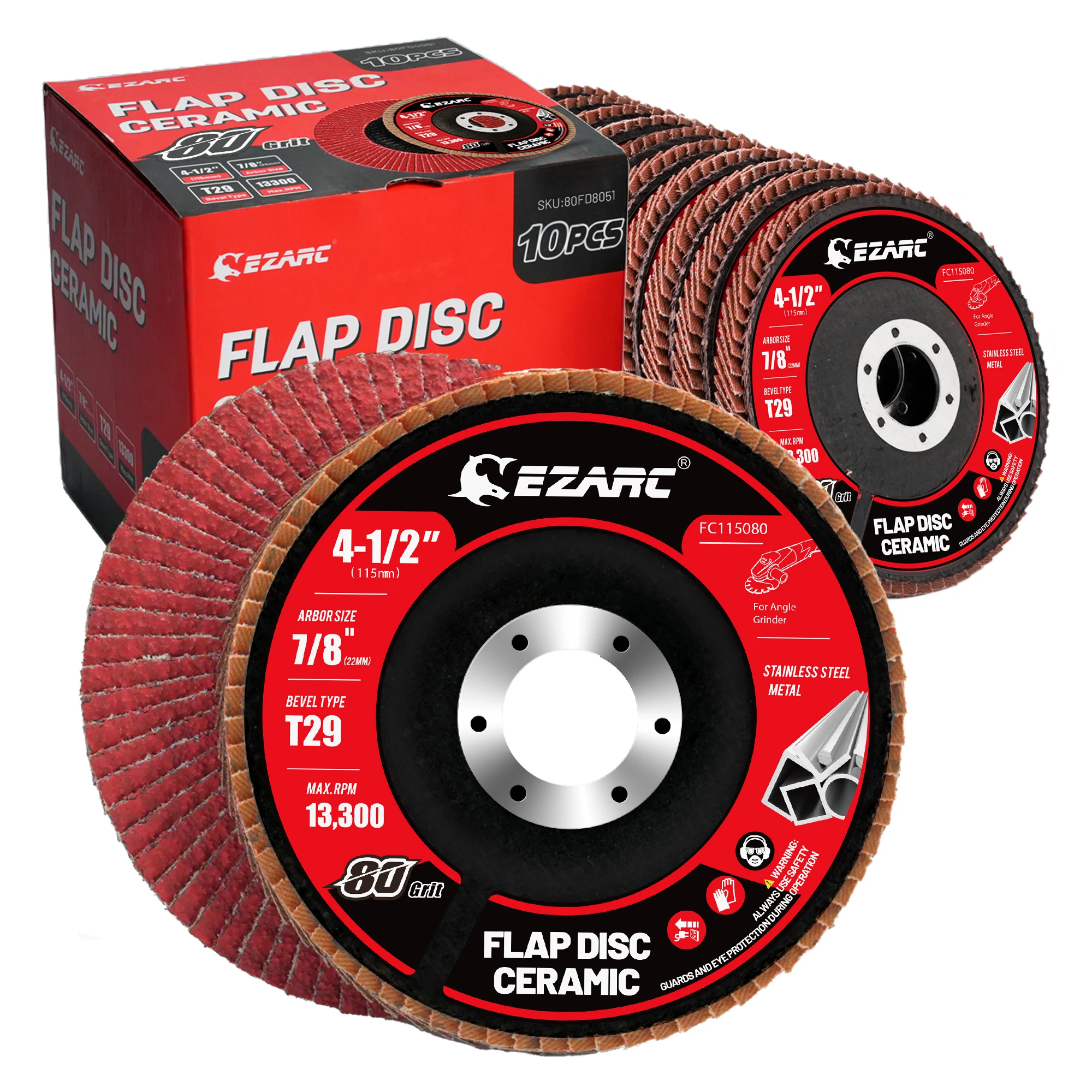 

EZARC 10PCS Ceramic Flap Discs 80 Grit 4.5 x 7/8-Inch Flap Sanding Disc Type 29 Ceramic Grinding Wheel for Stainless Steel