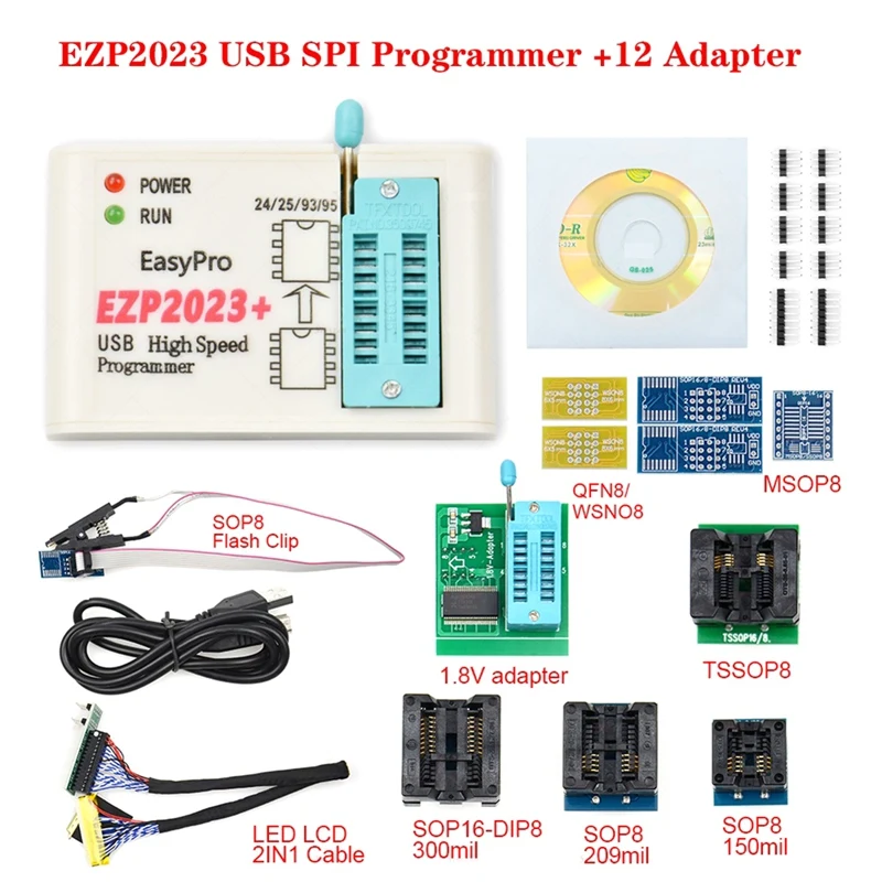 

EZP2023 + высокоскоростной программатор вспышки SPI полный набор + 12 адаптеров Поддержка 24/25/93/95 EEPROM Bios 25T80 сжигание офлайн копия