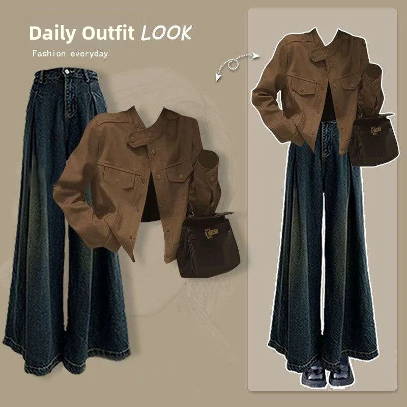 

Женский модный комплект больших размеров с высокой талией, джинсовый костюм из двух предметов, ранняя весна, Новое поступление, удобный комбинезон