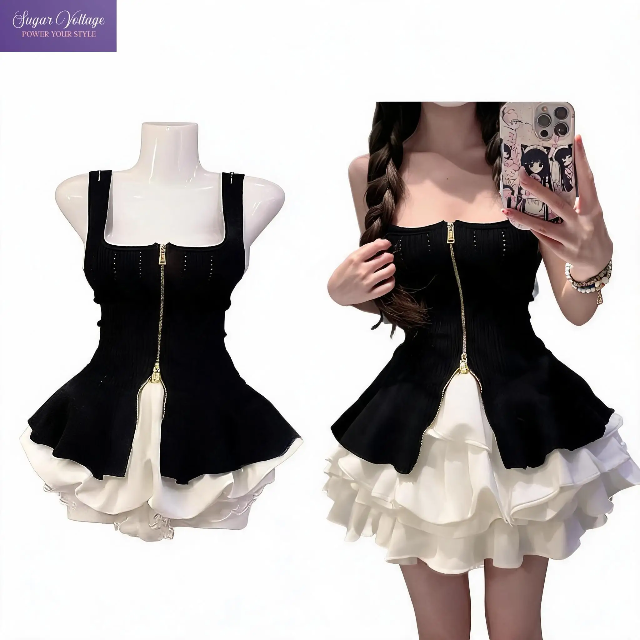

Kawaii Korean Fashion Black White Zipper Front Knit Cami Top Bud Puff Mini Skirt Two Piece Set Women Summer Casual Daily Wear