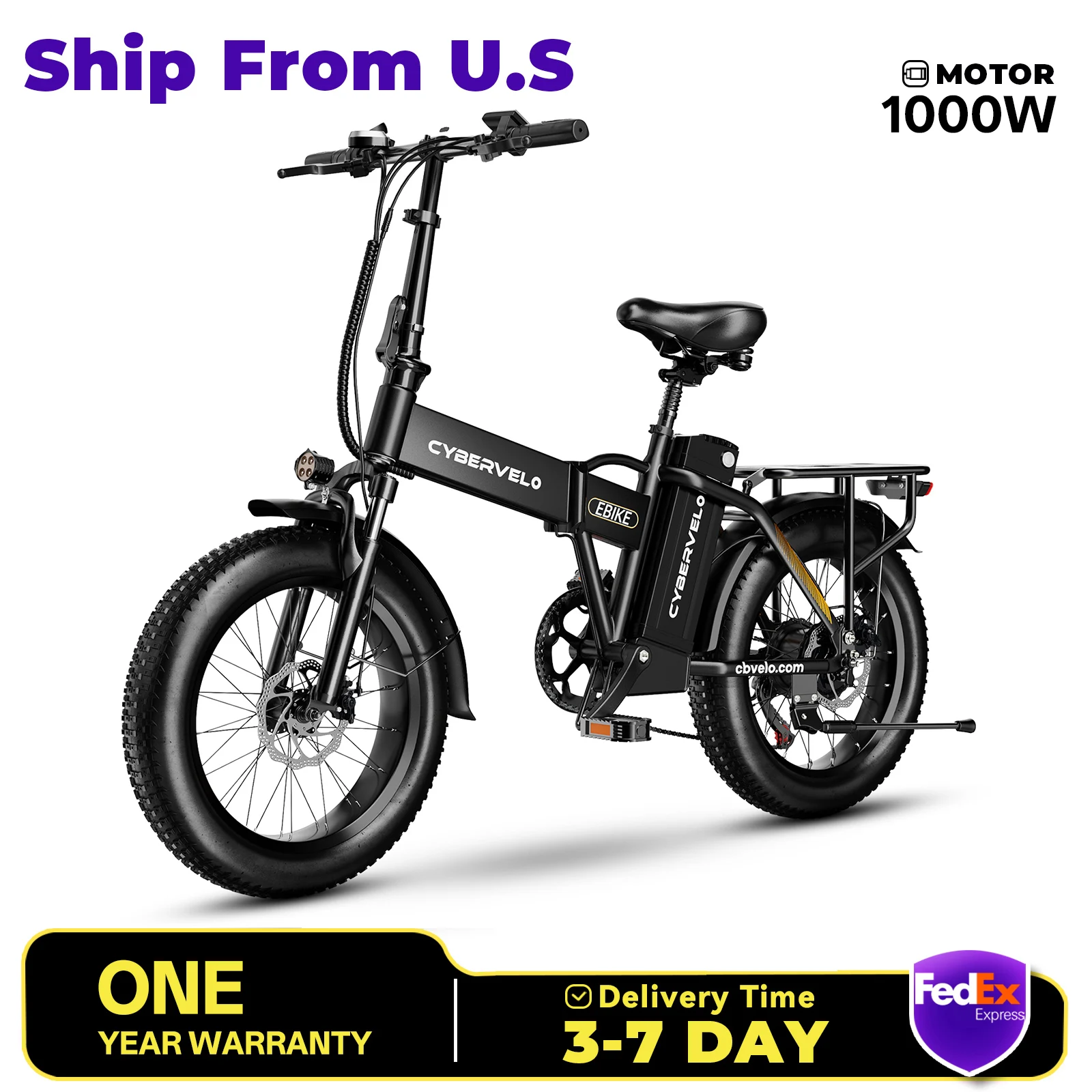 

Cybervelo EK4 20" Fat Tire 48V 20AH Removable Battery, Urban Commute EBike, 1000W 7- Speed shift , 30MPH 80 Miles+ Long Range