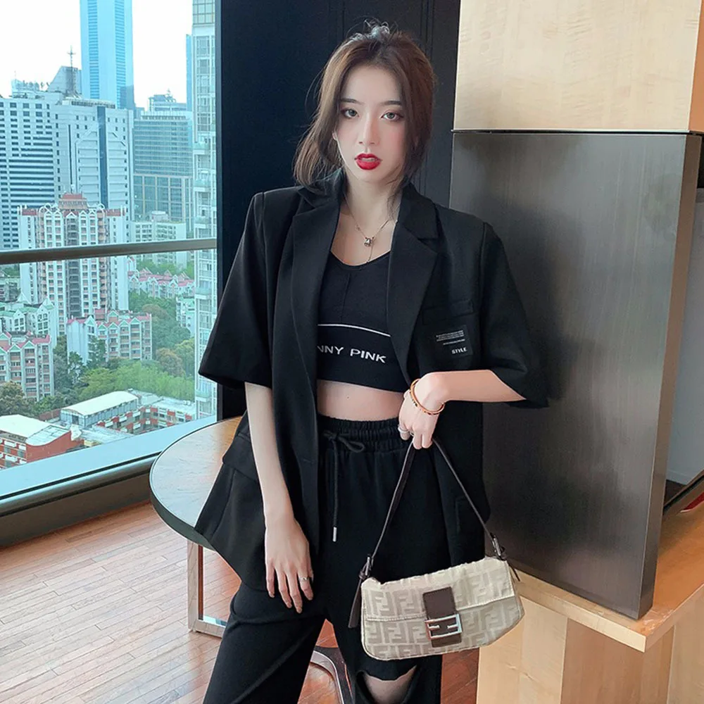 Summer Women Suit Jackets Oversized Short Sleeves Blazer Mujer Jacket Korean Fashion Coats Cardigans Thin Tops Buttons Pockets