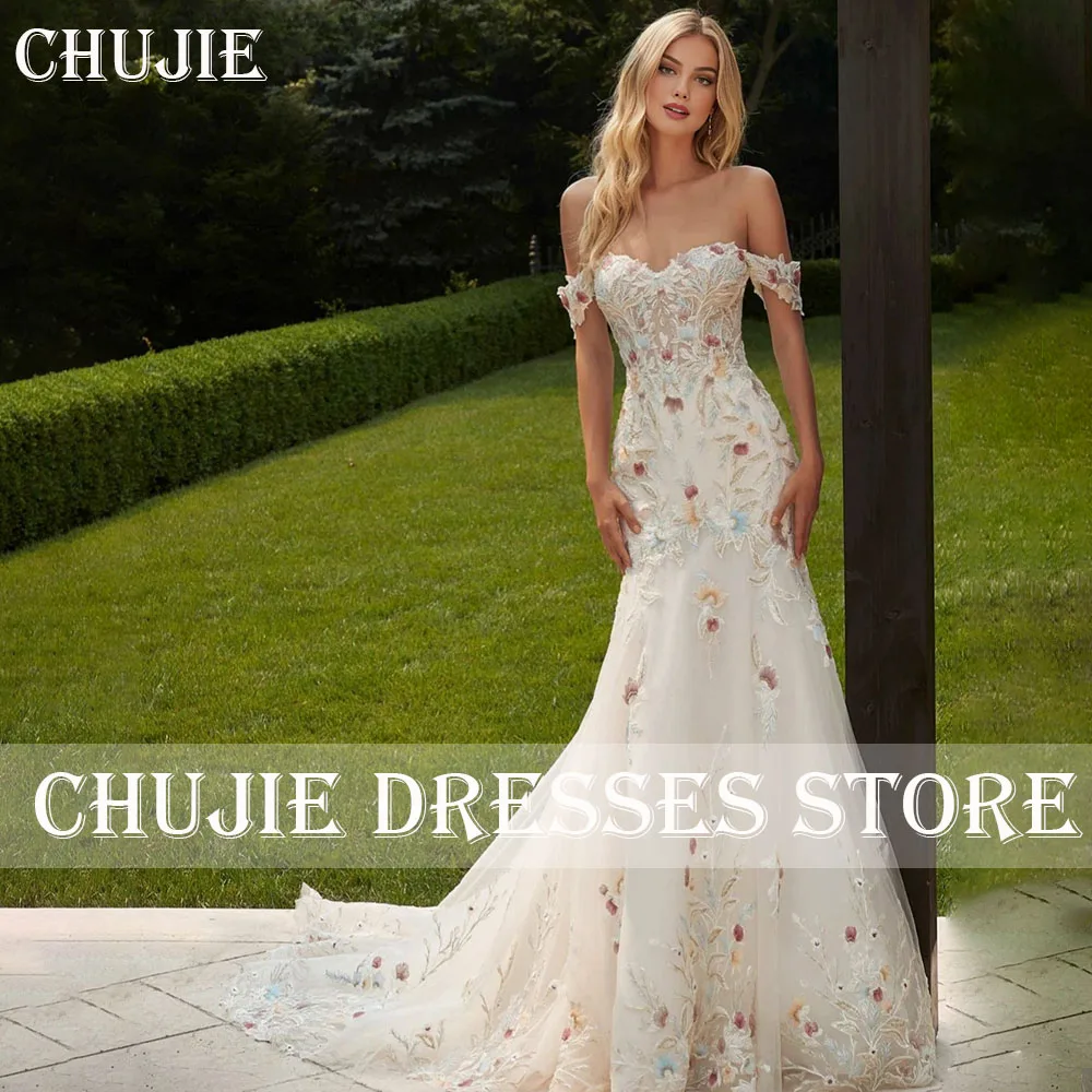

Off Shoulder Gorgeous Floral Embroidery Wedding Dresses Elegant Mermaid Bridal Gowns With Train Customized Bride Evening Dresses