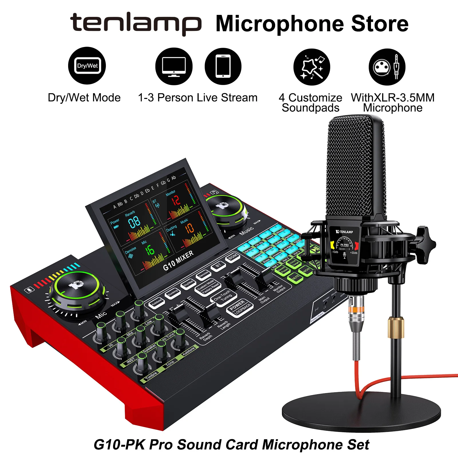 Podcast Equipment Bundle 6 Channel with 3.5mm Microphone and Live Sound Card,RGB Streaming with XLR Gaming Audio Interface Mixer