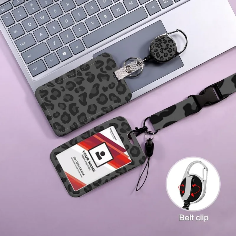Fashion Leopard Print Phone Lanyard Retractable Badge Reel Slide Lock ID Holder Neck Strap Office School Supplies