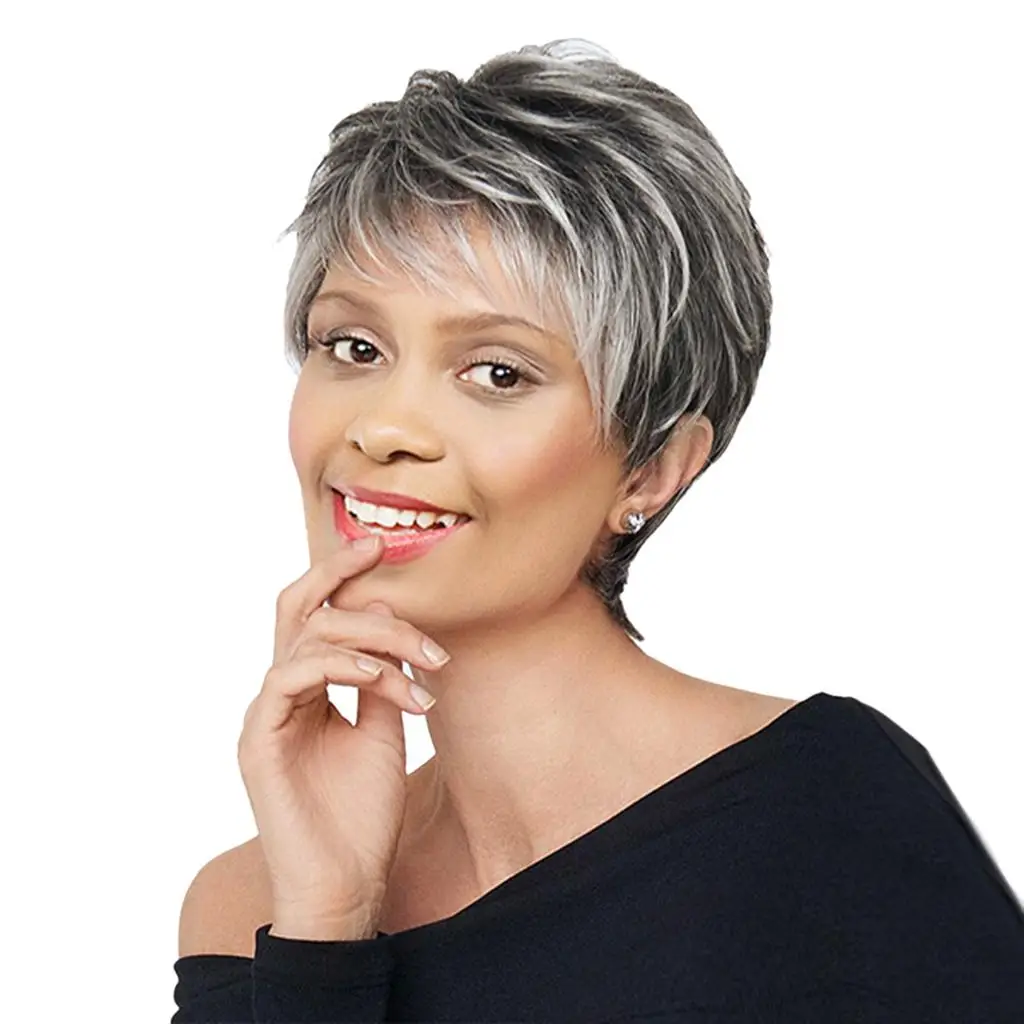 باروكات شعر صناعية قصيرة ذات طبقات رمادية للنساء، خفيفة الوزن ومريحة، ملحقات للاستخدام اليومي #2