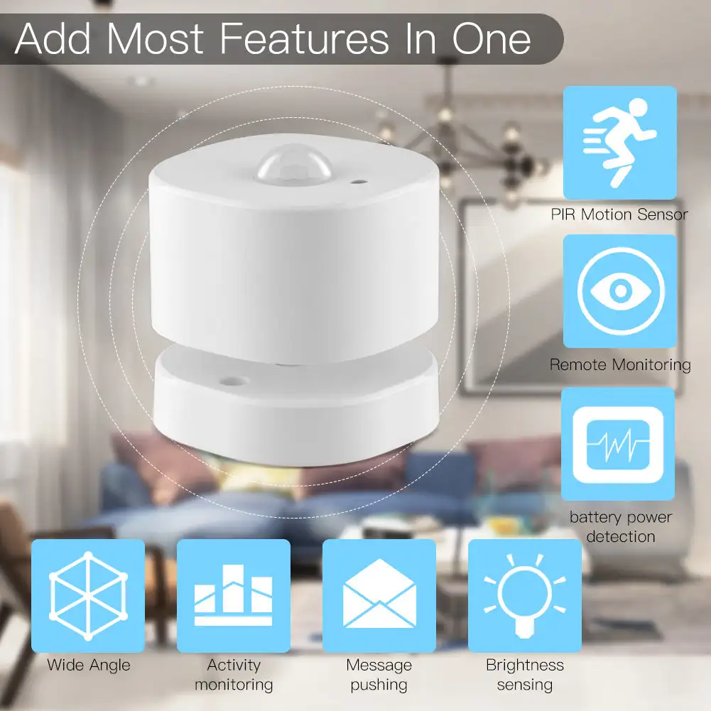 Sensore di movimento PIR intelligente ZigBee Sensore umano con luminosità Caratteristiche di rilevamento batteria scarica per Smart Home