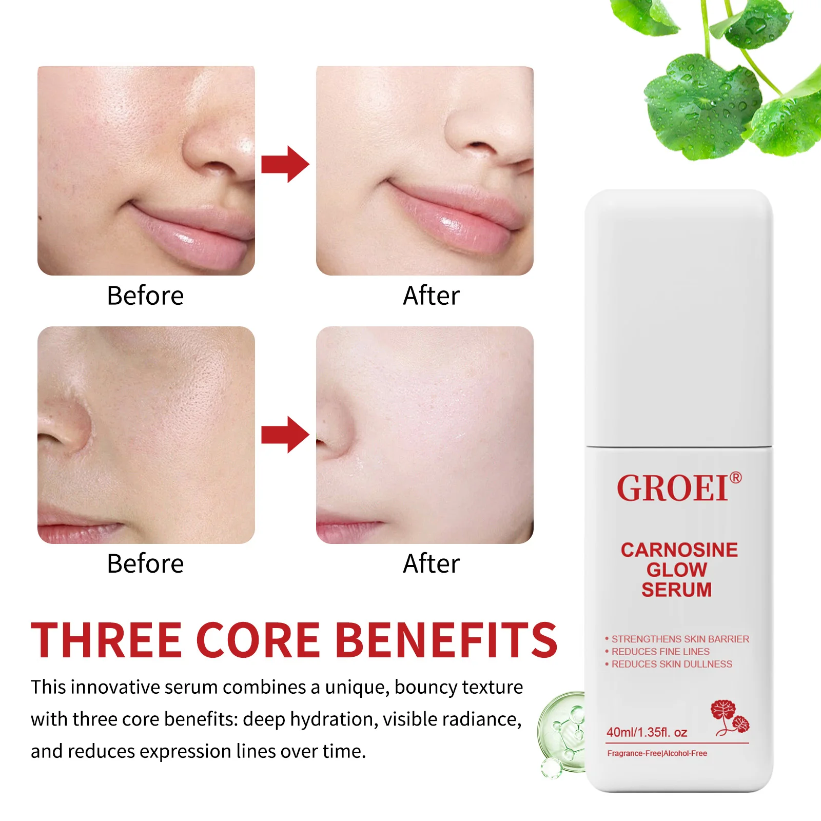 

GROEI 40ml Carnosine Glow Serum Barrier Repair Hydrating Face Serum for Dullness & Fine Lines Brightening Skin Care Serum