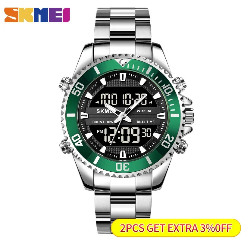 SKMEI 1850 Alarm Men Clock Waterproof Stainless Steel Relogio Masculino Dual Display Watches Mens Fashion Digital Wristwatches