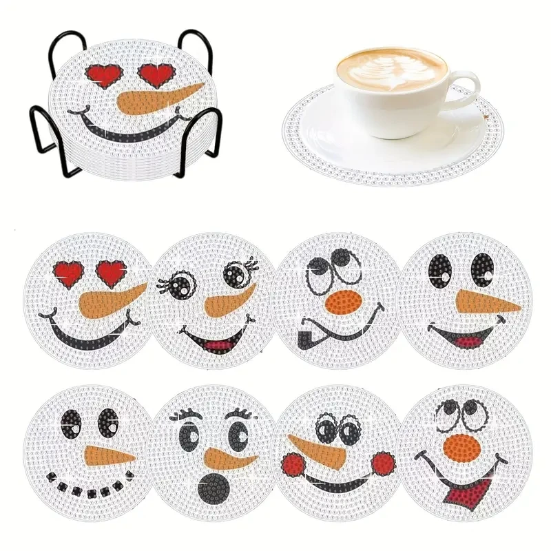 8pcs/Set DIY Diamond Painting Coasters Snowman Anti Slip Wood Cup Mats for Drinks Special Shape Diamond Art Christmas Coasters