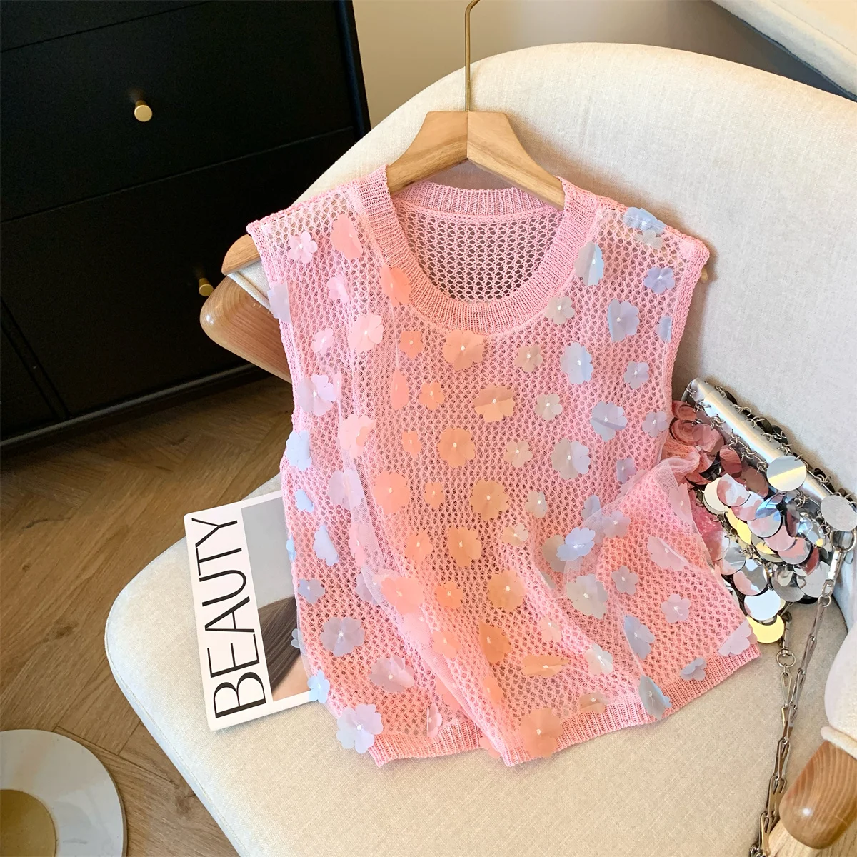 Flower Hollow Knit Sweater Vests Women 2024 Summer Thin Stylish Chic Fashion Sexy Tops Sleeveless O-neck Tees Knitwear Jumpers