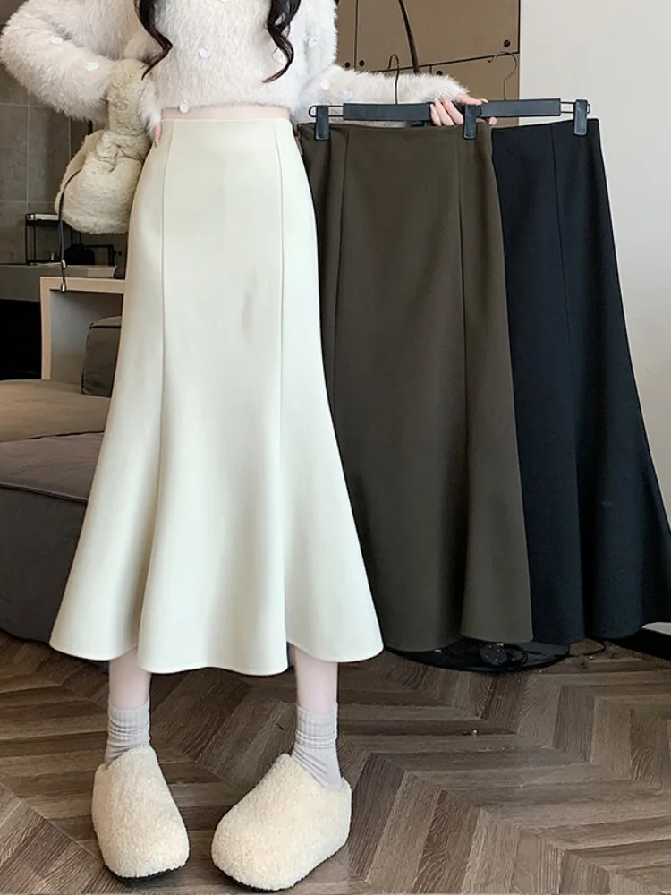 Black Woolen Fishtail Skirt Women Autumn and Winter Thickened High Waist Slimming A Word Skirt Small Hip Skirt Mid-Length