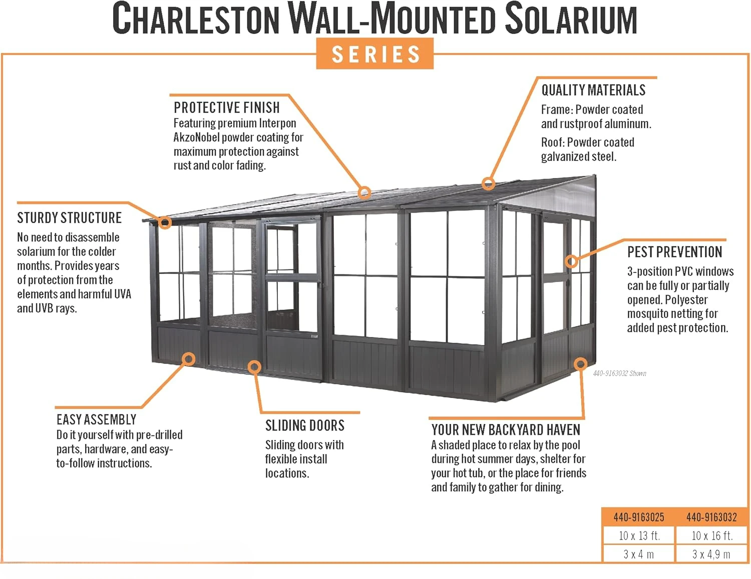 440- 9163025   Pared de solario Charleston con mosquiteras, 10' x 13', gris oscuro