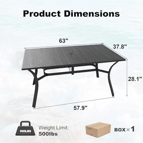63'' Outdoor Dining Table for 6, Black Metal Patio Dining Table with 1.97'' Umbrella Hole,Anti-Rust Waterproof Square