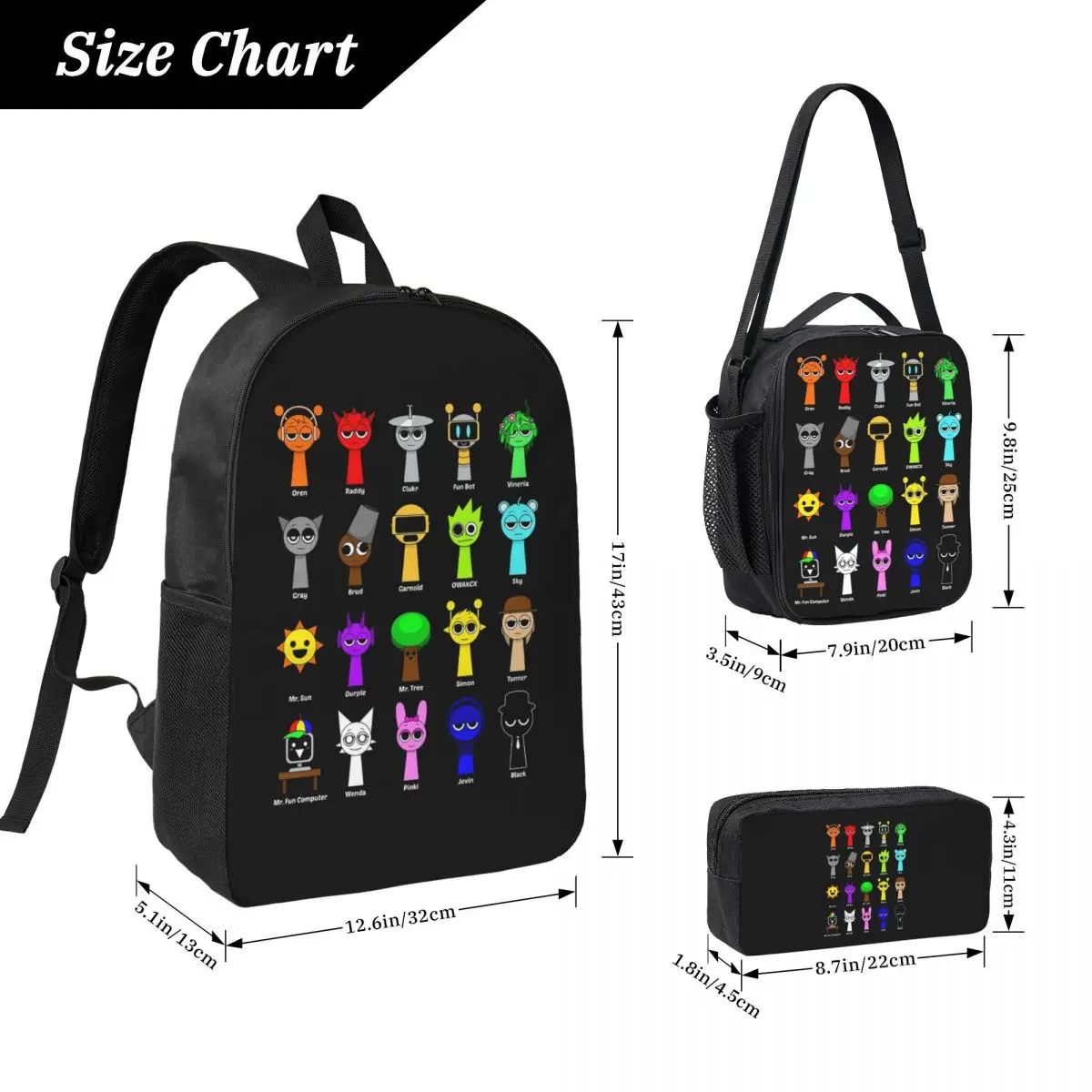 All My Sprunki Game Toys Backpack Student Boys Girls BookBag School Bag Laptop Shoulder Bags 3ps Insulated Lunch Bag Pencil Case