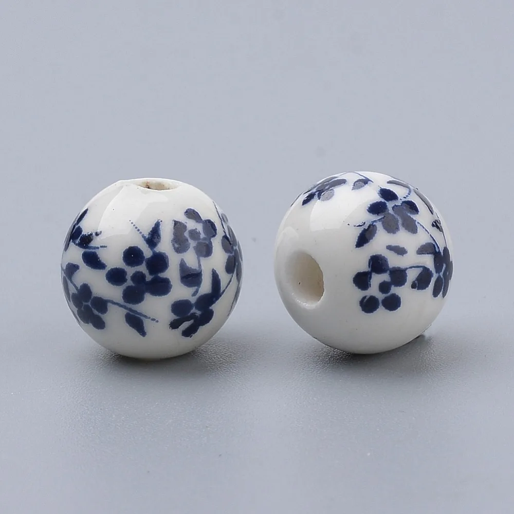 

200pcs Handmade Printed Porcelain Beads Round Prussian Blue 10mm Hole: 3mm
