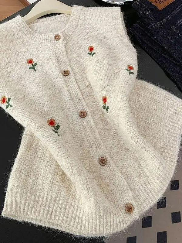 

Korean Lazy Style Floral Knitted Vest Women's Sleeveless Outerwear Spring Layering Cardigan Soft Medium Gauge Knit Casual Fit