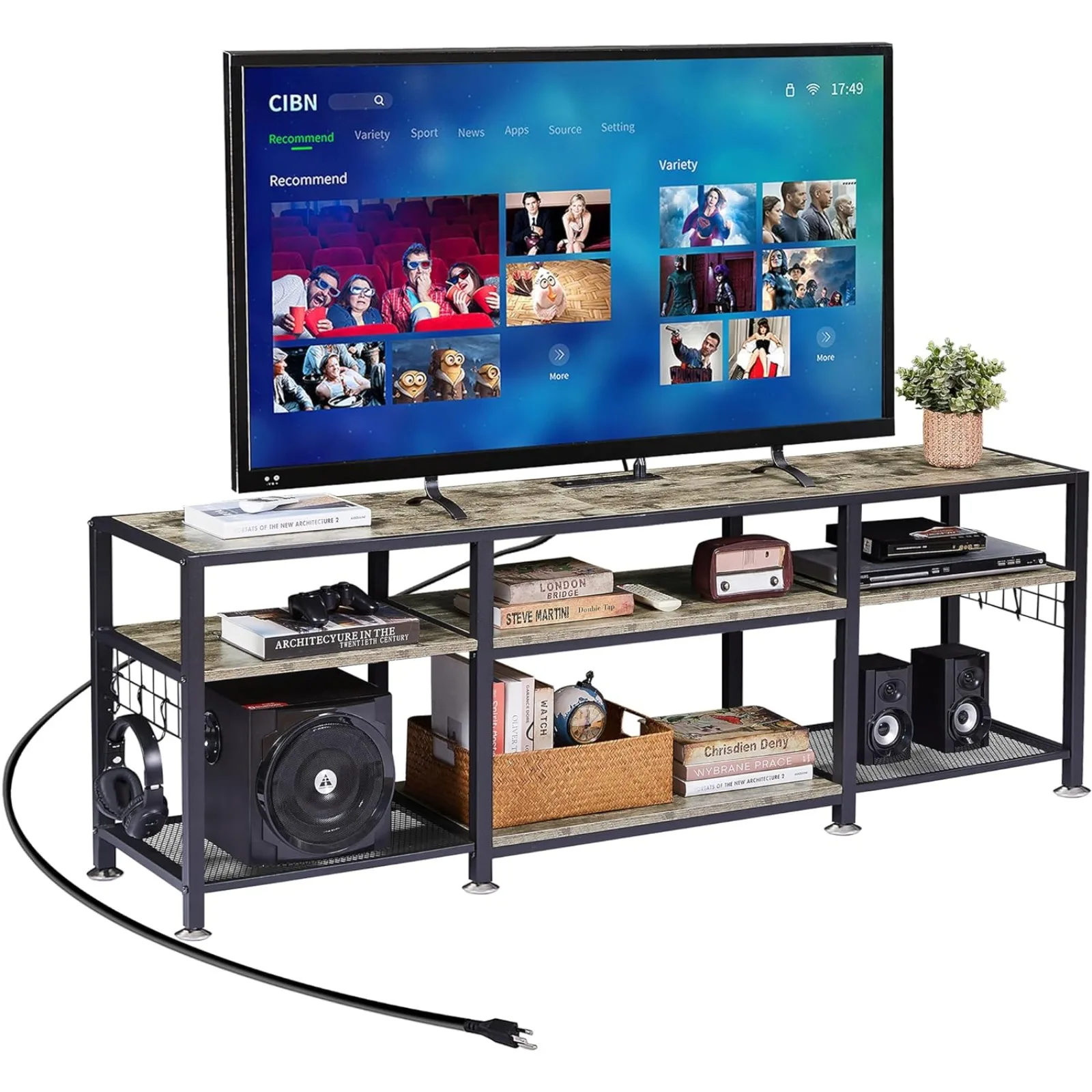 

US US VECELO TV Stand with Power Outlets for Televisions Up to 75 Inch, Industrial Entertainment