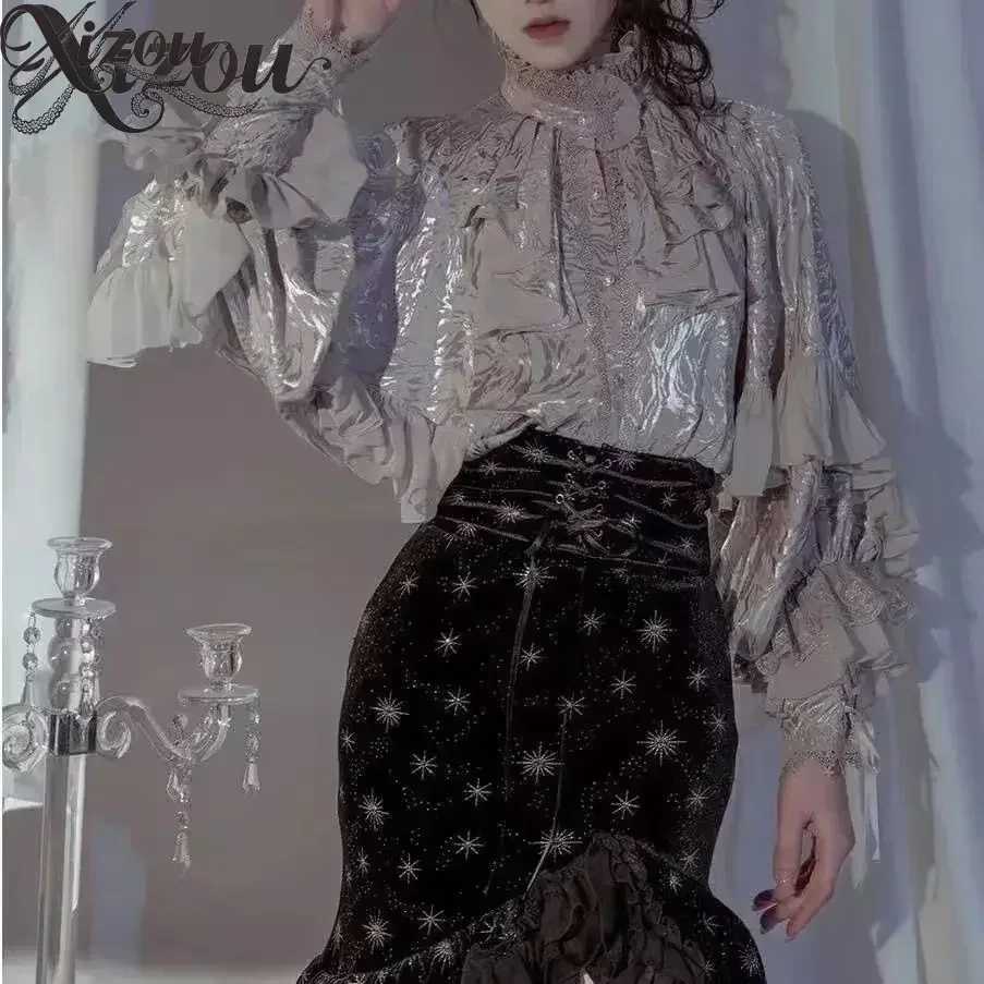 สาวญี่ปุ่น Kawaii หวานน่ารัก Lolita โคมไฟแขนเสื้อฤดูร้อน Y2k shirtss ลูกไม้ Patchwork เสื้อผู้หญิง JK หลวม Blusas