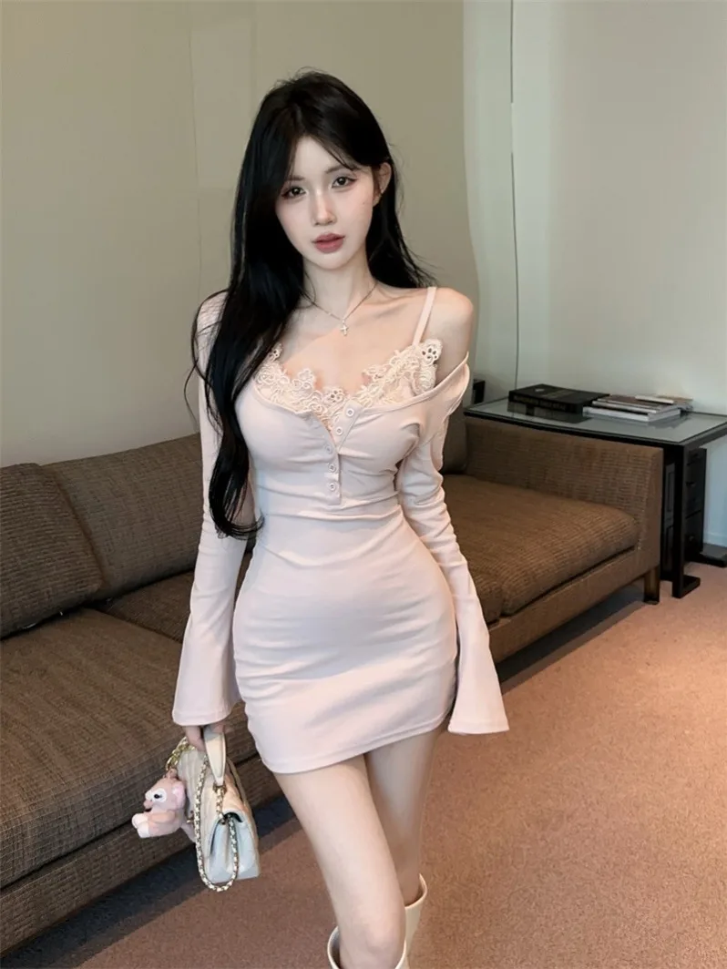 

Ele High Waist Long Sve Lace Trim U-Ne Dr ort Skirt Two-Piece Set Sexy Bodycon Fit for Women in Autumn Winter