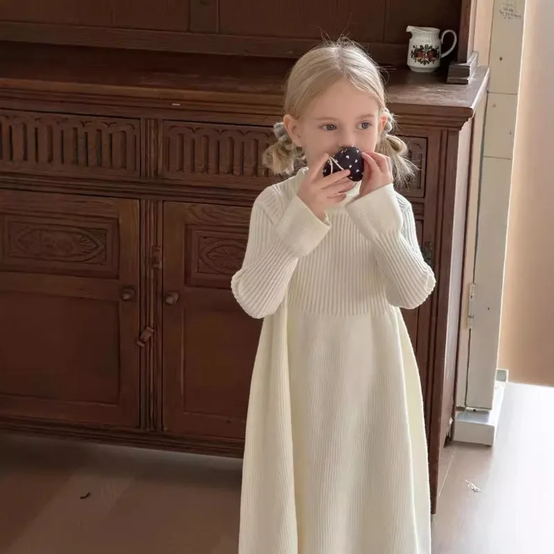 

2025 Fall New Arrival Korean Style Girls Knit Sweater Dress Solid Color Princess Midi Length Children's Knitted Dress