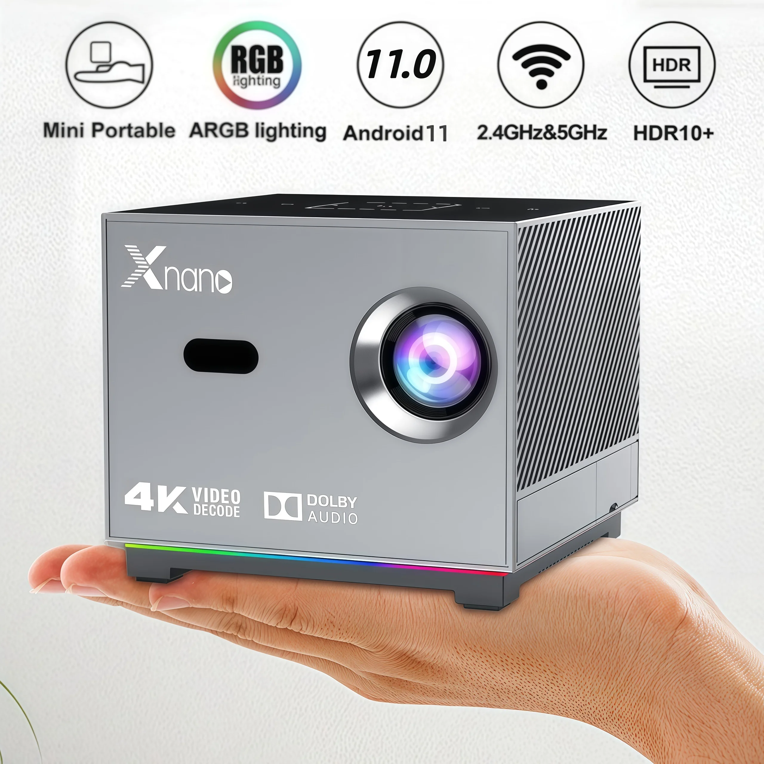 Xnano X3 Tragbarer Projektor 250ANSI Native 720P Unterstützt 4K Elektrischer Fokus Auto-Keystone Android 11 Dual-WLAN Bluetooth ARGB-Licht Heimkino-Beamer für Schlafzimmer Gaming und Streaming – Detail 6