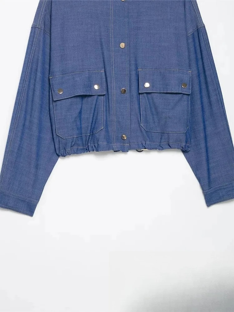 KONDALA Vintage Casual Blau Solide Oansatz Langarm Einreiher Taschen Jacken Mode 2025, Frühling Urlaub Weibliche Mäntel