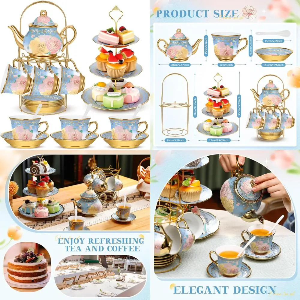 

Porcelain Tea Set for 21 Pieces with Metal Holder, Cupcake Stand, and Tiered Tower for Women's Tea Parties