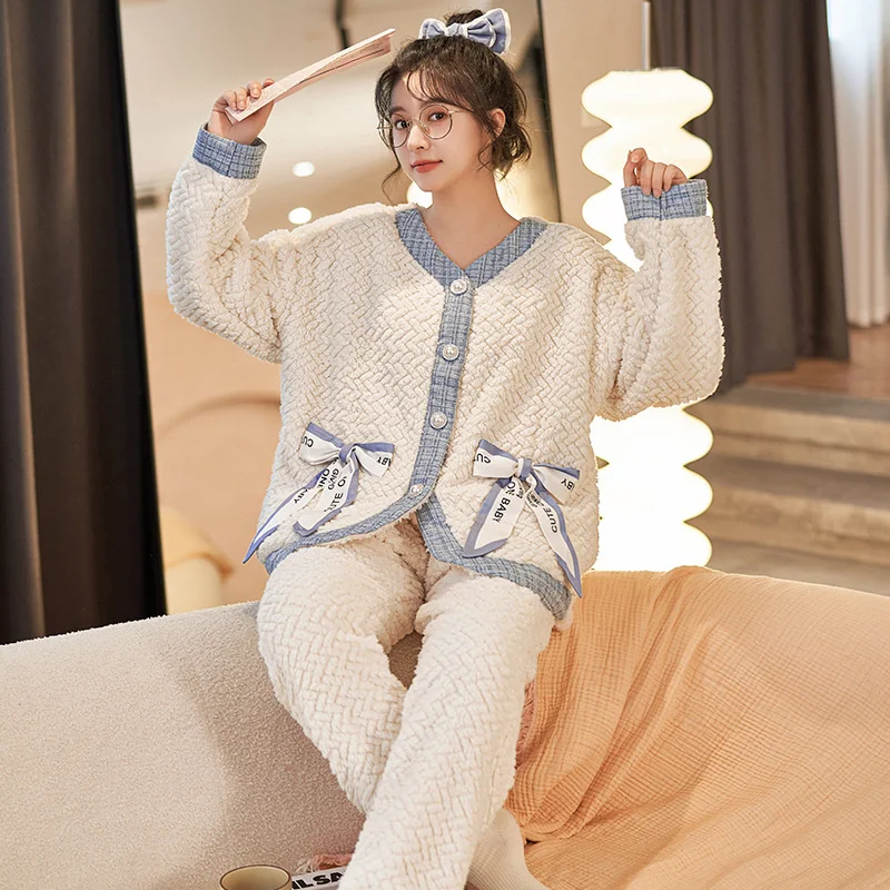 Kawaii Bow Pajamas for Women Thick Coral Velvet Autumn and Winter Thermal Sleepwear Set Long-sleeved Trousers Casual Loungewear