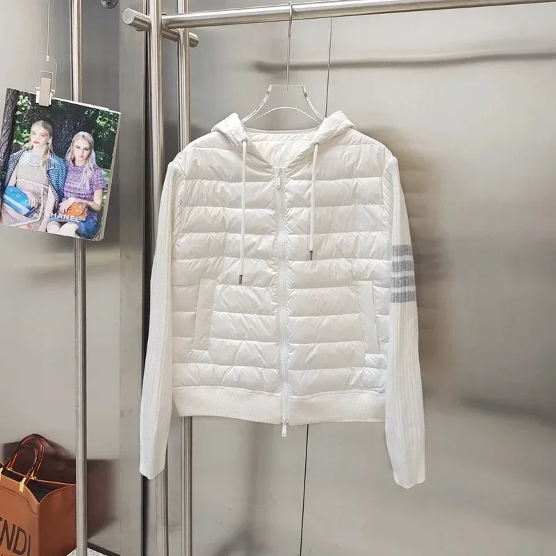 Doudoune légère à capuche en duvet de canard blanc pour femme, manteau rayé, manches épissées, décontracté, tendance, hiver, 2024