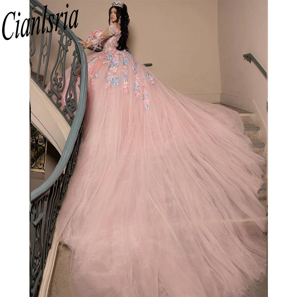 Light Pink Quinceanera Dress 2024 Sweetheart Off Shoulder Lace Applique With Flower Sweet 15 16 Years Old Birthday Party Pageant