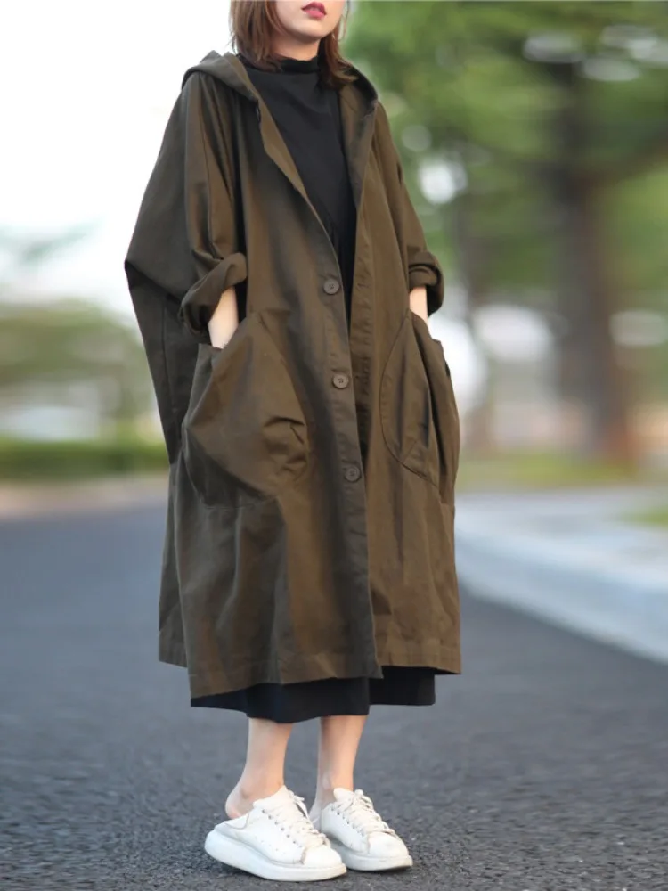 

Women's Cotton Hooded irt Jaet Long Sve ket Design Spring Autumn Medium Length over Knee Windbreaker Commute Sle