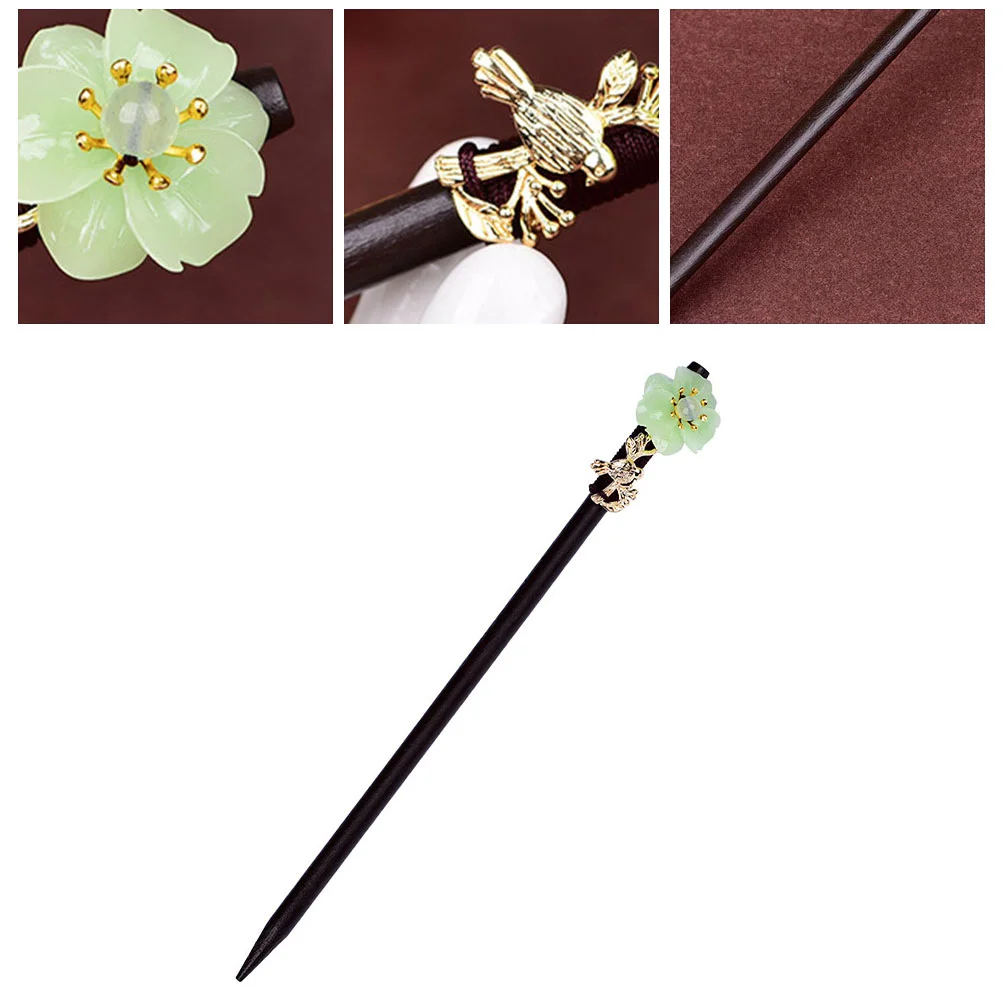 Flower Wooden Hairpin Female Old Fashioned and Bird Pattern Lady Clip Bamboo Simple