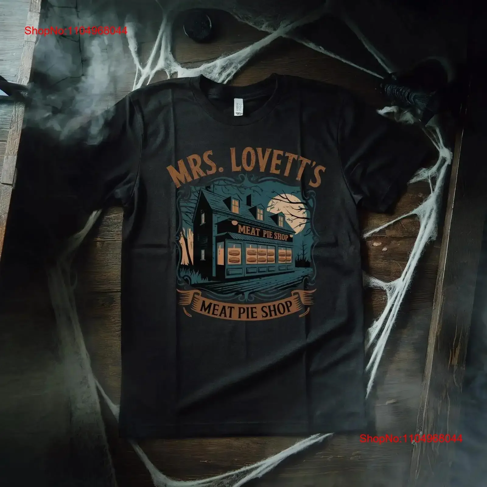تي شيرت Mrs Lovett's Meat Pie Shop تي شيرت سويني تود شيطان الحلاق من الأسطول الشارع القوطي القوطي خمر الرعب مخيف خمر