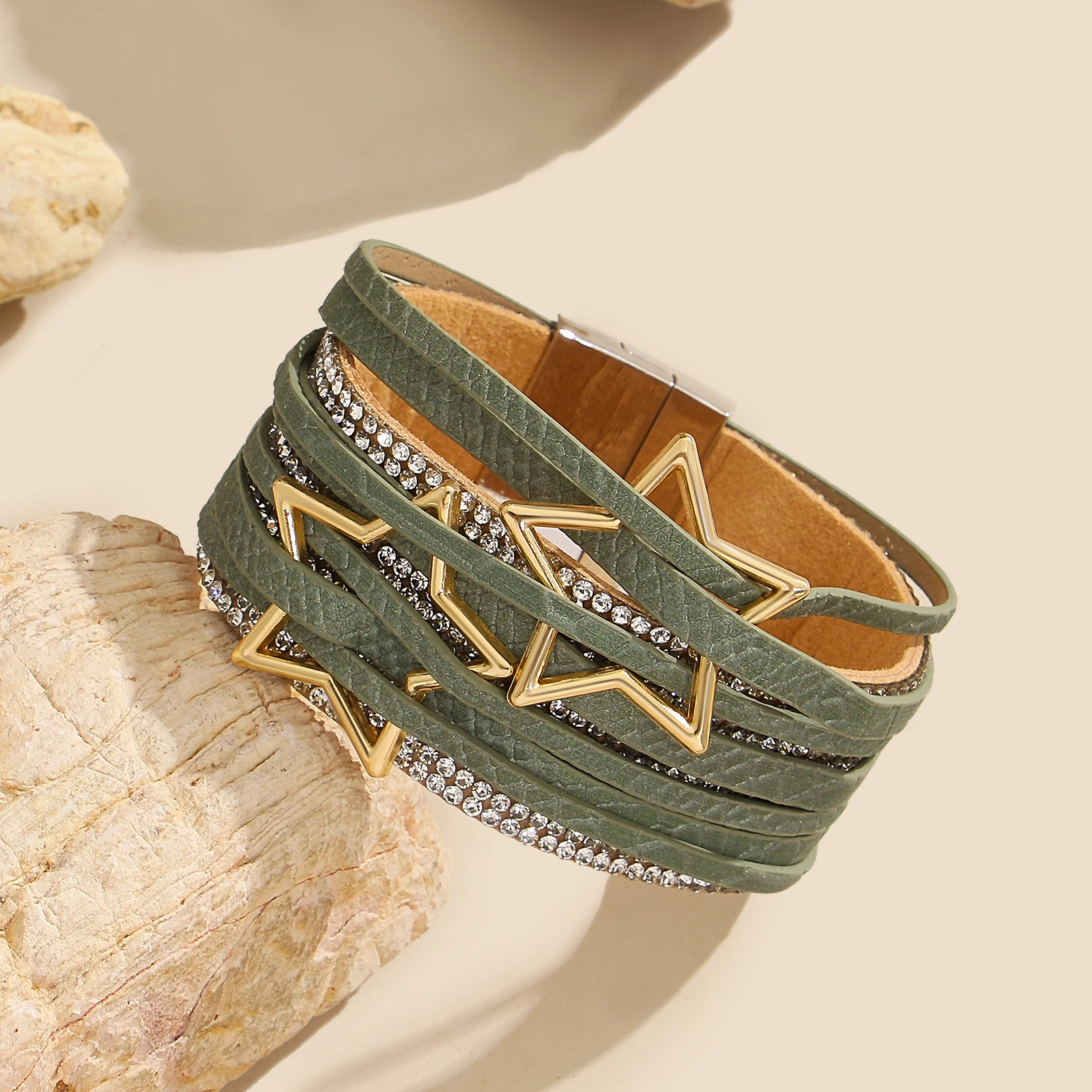 

Amorcome Retro Hollowed Star Shaped Leather Bracelet for Women With Rhinestone Inlay Multilayer Bracelet Hand Jewelry Gift