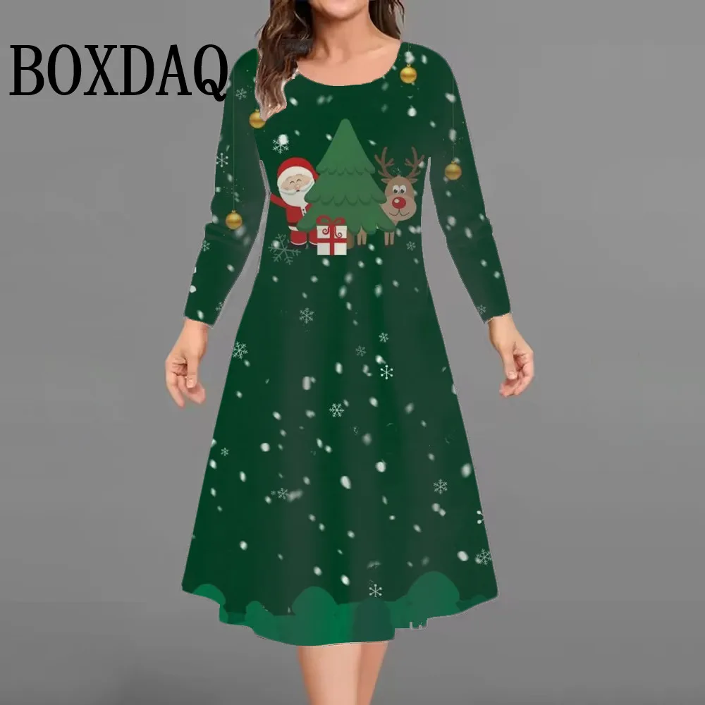 حجم كبير فستان المرأة شجرة عيد الميلاد طويلة الأكمام س الرقبة عيد الميلاد ثلج ثلاثية الأبعاد مطبوعة فستان فضفاض غير رسمي Vestidos امرأة الملابس الشتوية
