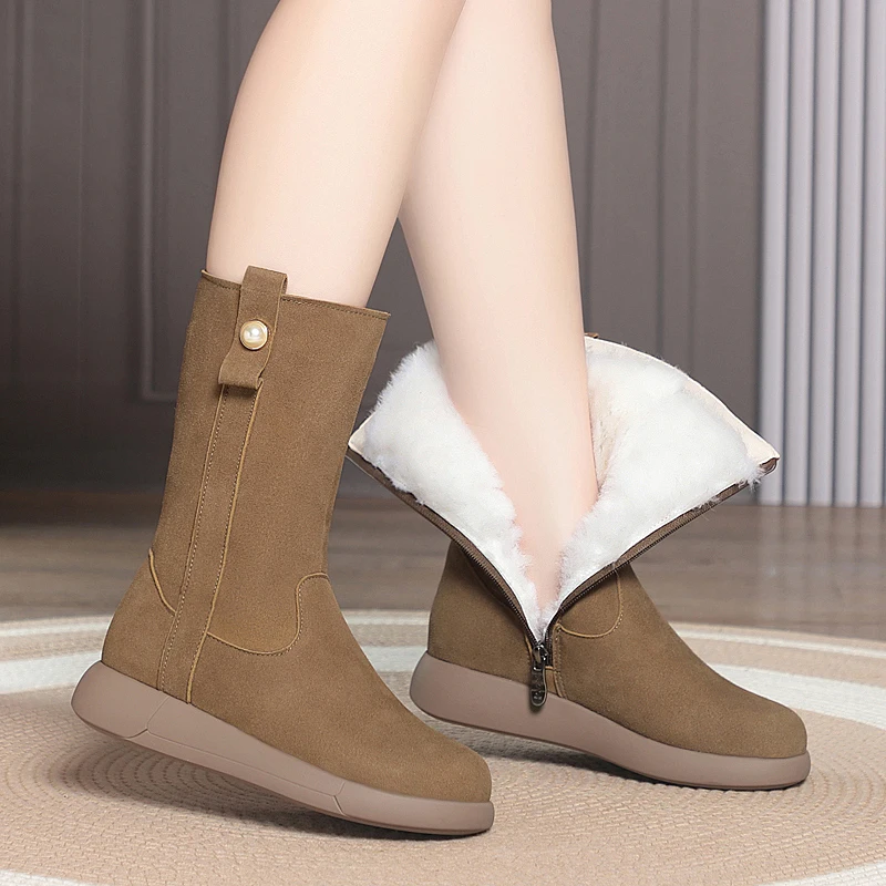 

AIYUQI Women's Snow Boots 2025 New Genuine Leather Winter Boots Women Natural Wool Warm Flat Large Size Mid-Calf Boots Women