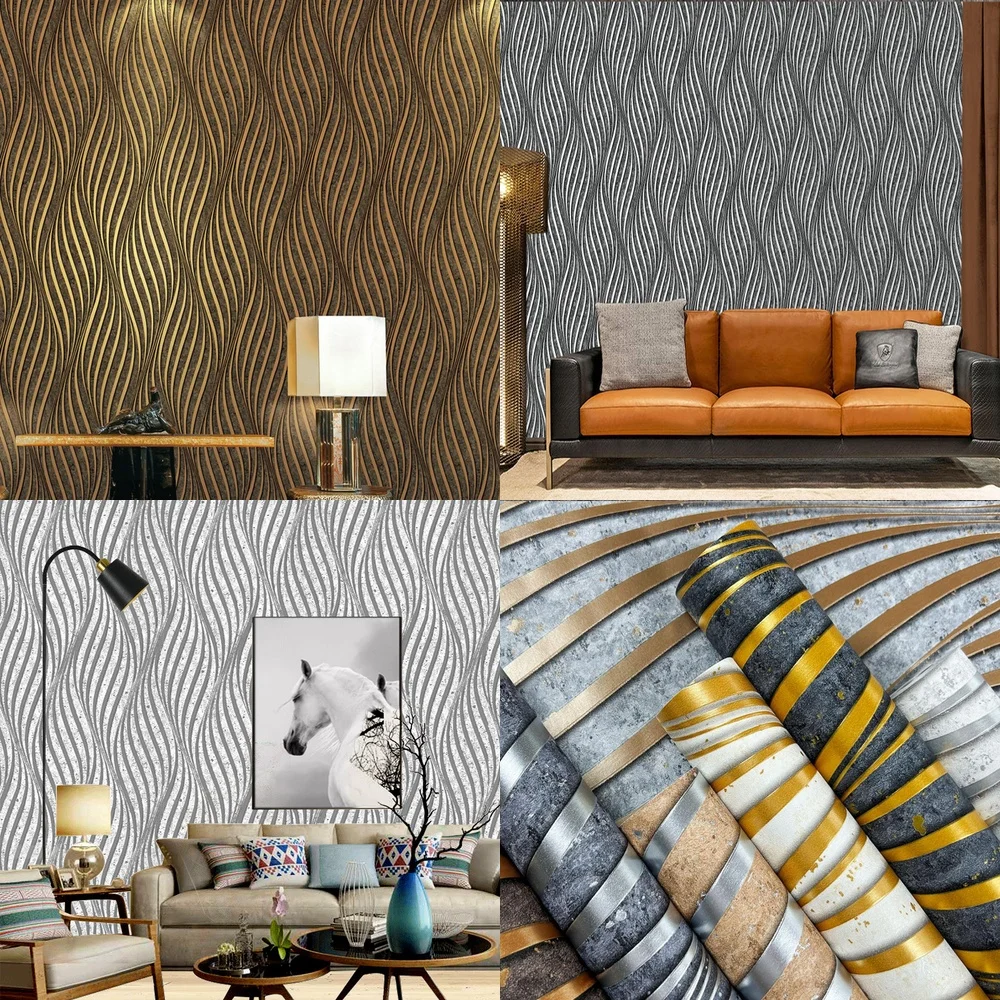Gold Foil Process Wallpaper European Curved Stripe Design for Hotel Living Room TV Background Wall Adhesive Included