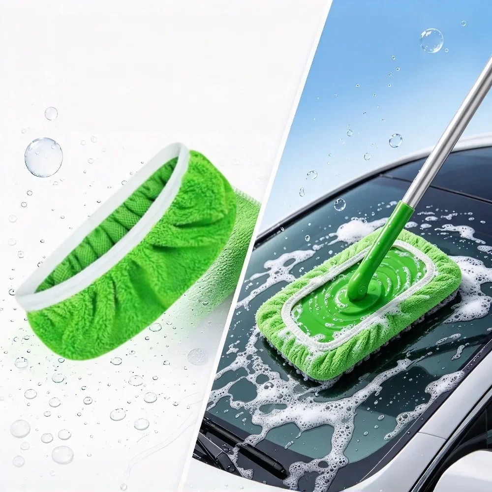 Car Wash Mop Head Cover Replacement Green Microfiber Cleaning Pad Elastic Edge Detachable Reusable for Auto Truck Boat Washing
