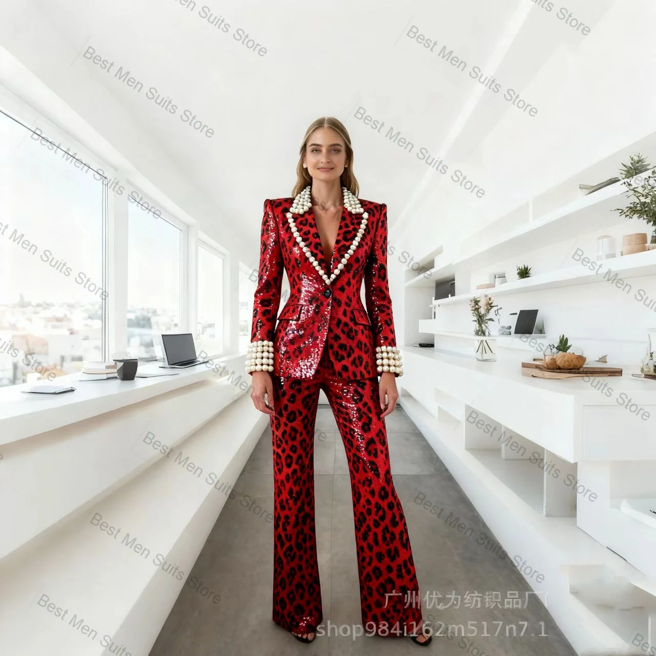 

Sequins Leopard Women Suit Set 2 Pcs Red Blazer+Pants Formal Office Jacket Customized Wedding Guest Party Prom Coat Trousers