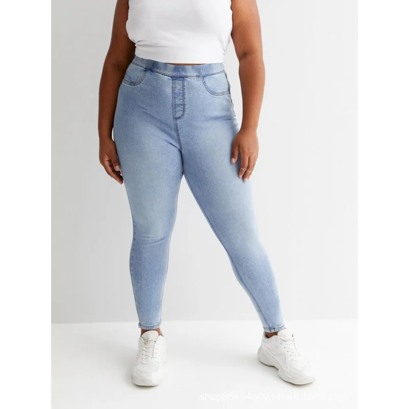 Cross-Border European and American plus Size Light Blue Elastic Waist Denim Skinny Pants FatMMElasticTEMUAmazonSHEINForeign Trad