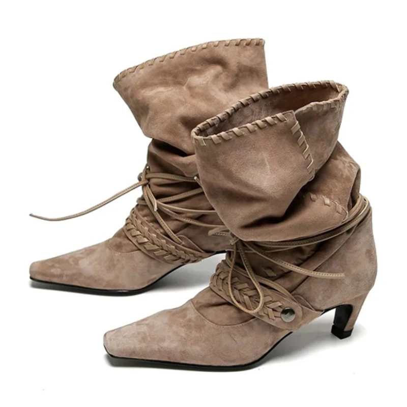 

Retro Brown Suede Ankle Boots Women Novelty Woven Metal Buckle Decorate Designer Boots Fashion Pointed Toe Pleated Modern Boots