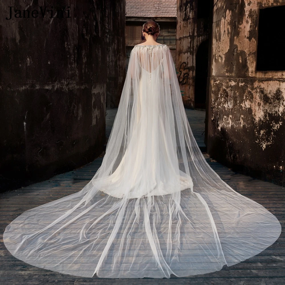 JaneVini Ivory Wedding Wraps Shawls Tulle Bride Jacket Bridal Cloak Dress's Cape Beaded Tassel Crystal Women Wedding Accessories